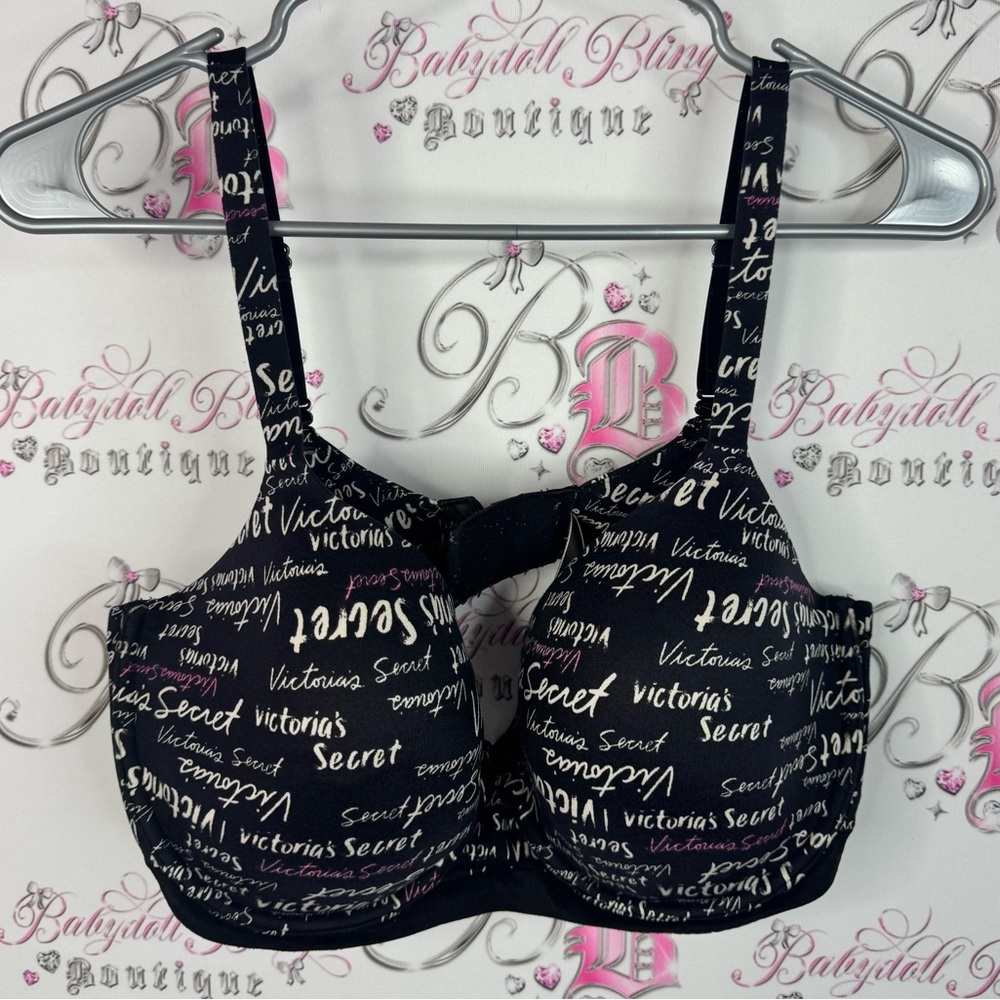 Victoria's Secret bra body by Victoria logo print comfy Black Script Bra